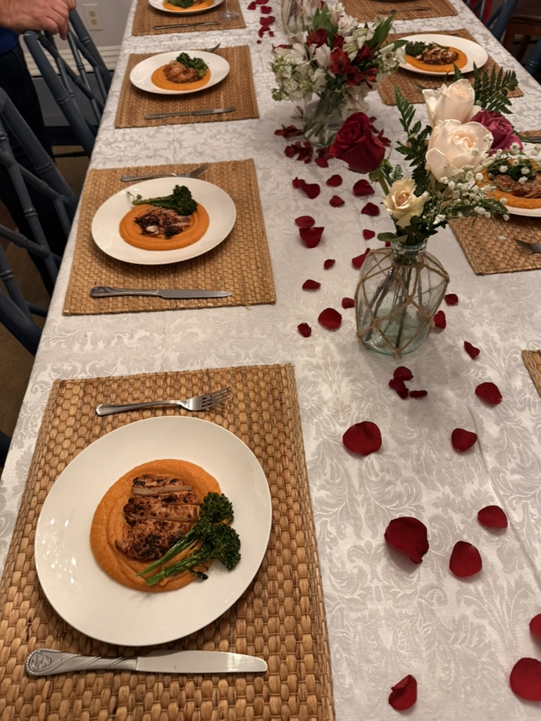 Private dinner party with rose petals, plated by personal chef in Greater Boston